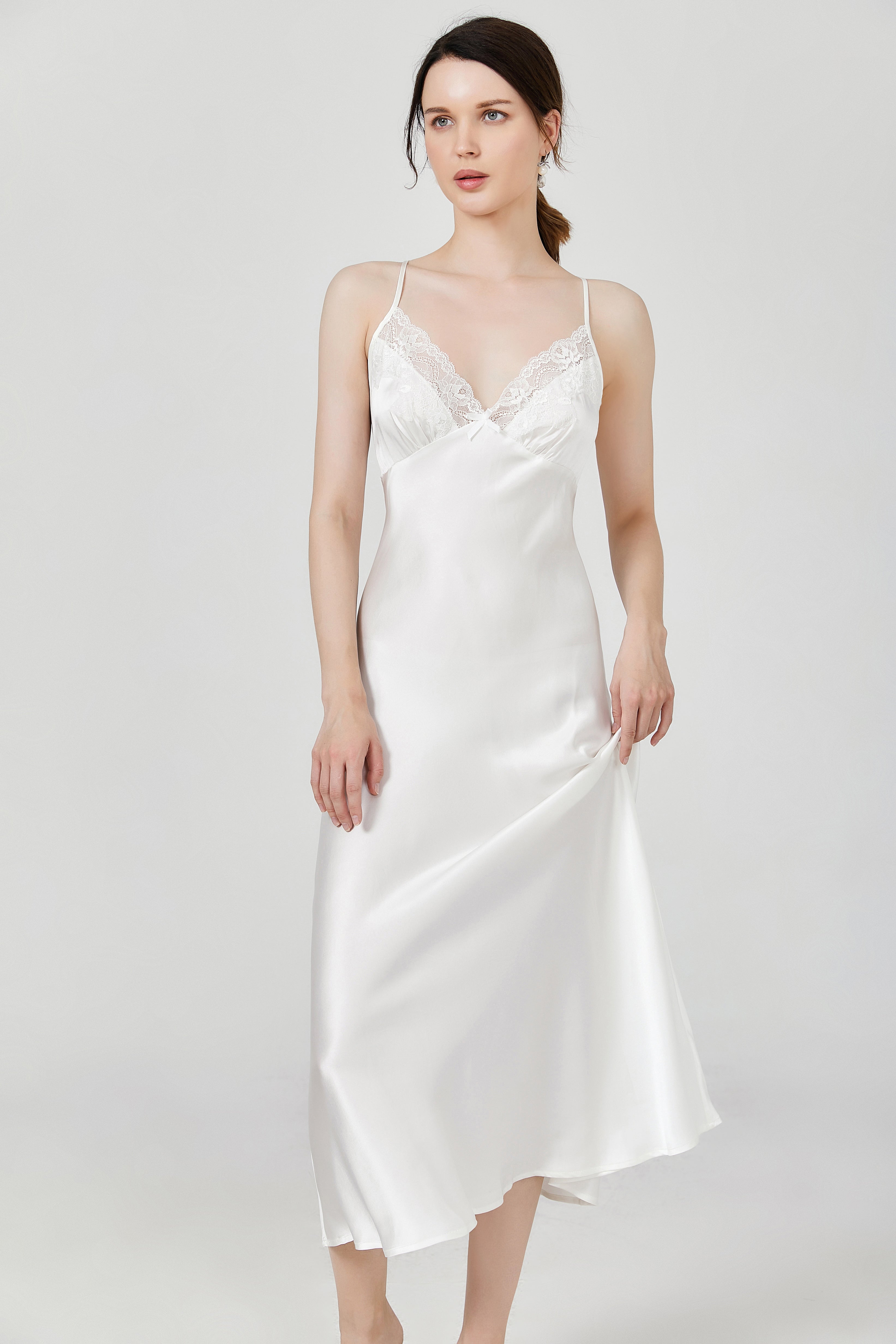 Elegant Long real Silk women Nightgown midi lace v-neck silp dress – YOsilk Elegant Long real Silk women Nightgown midi lace v-neck silp dress – YOsilk