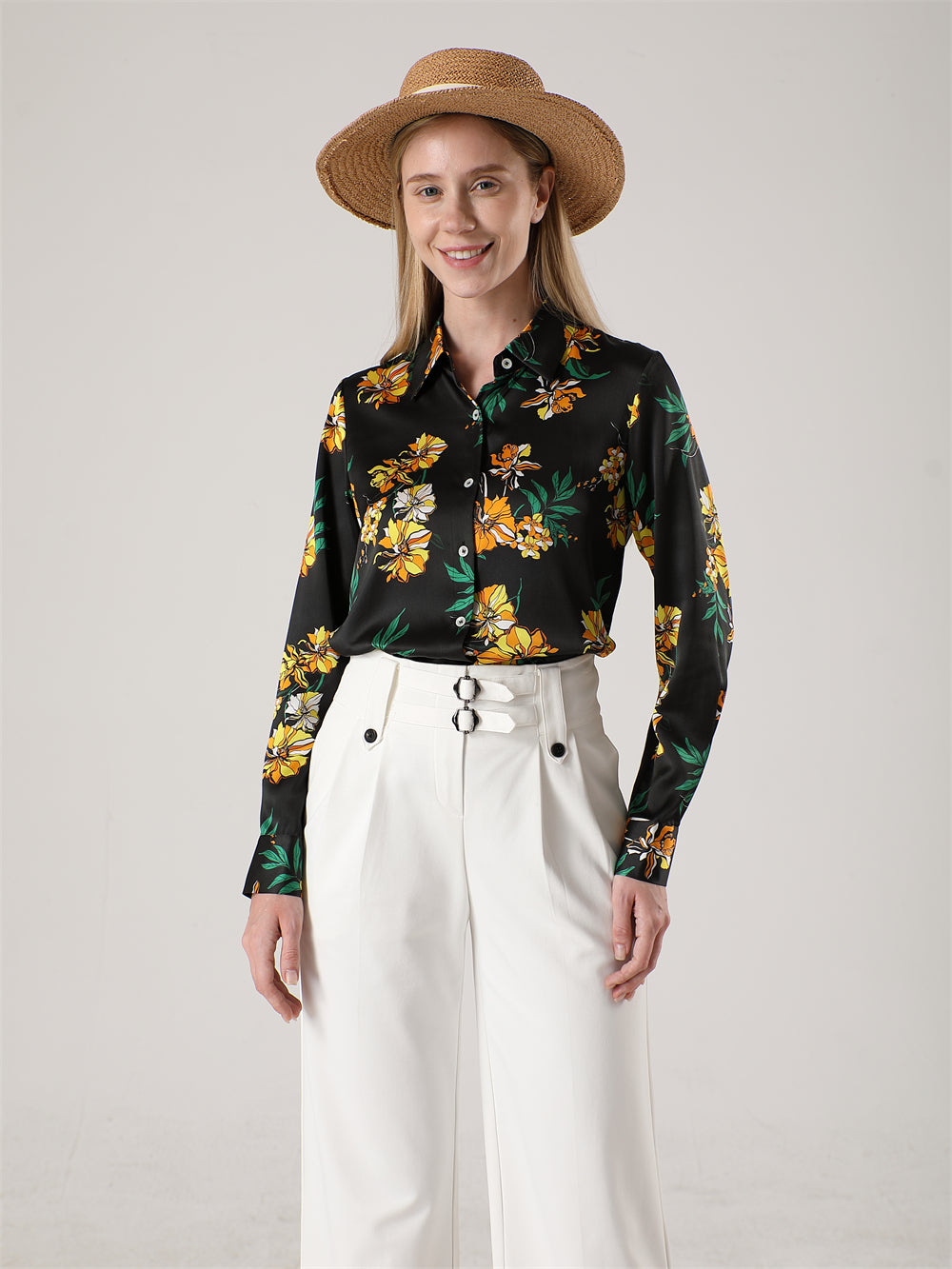 19 Momme 100% Mulberry Silk blouse floral long sleeve luxury